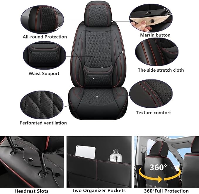 Front Seat Covers Custom Fit for Toyota Tacoma 2001-2026, Black&Red | Lumbar Support, Luxury Faux Leather, Breathable, Anti-Slip, Airbag Compatible, Waterproof, Car Seat Protectors, 1 Row 2 Seats - Image 2
