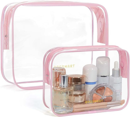 BAGSMART Clear Toiletry Bag 2-Pack TSA Approved Water-Repellent, Pink | Carry on Travel Accessories Bag, Airport Airline Quart Size Bags for Women Men, Makeup Cosmetic Bag by BAGSMART