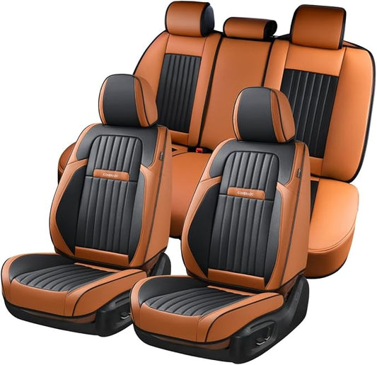 Coverado Car Seat Covers Full Set, Car Seat Protector Car Seat Cushion, Nappa Leather Seat Covers for Cars, Front and Back Seat Protectors Cushions Universal Fit for Most Cars Vehicles(Brown&Black) by COVERADOAUTO