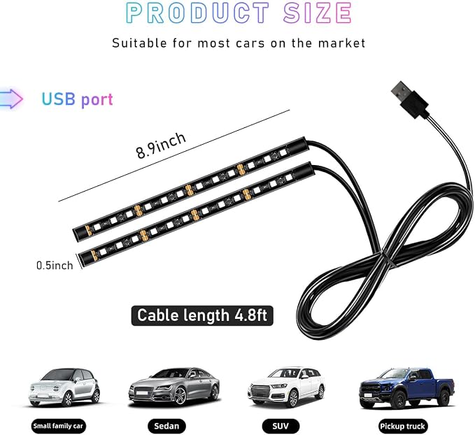 Ohleats Car LED Strip Light, 24 LED RGB Auto Interior Atmosphere Lights, USB Vehicle Under Dash Ambient Night Light Strip, Interior Decorative Lamp Lighting Kit Car Accessories (Orange) - Image 2