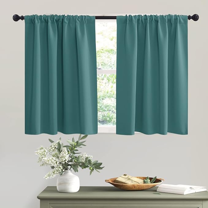 RYB HOME Short Teal Blackout Curtains for Small Bedroom Kitchen Cafe Window | Thermal Insulating, UV Blocking, Privacy Protection, Drapes/Tiers for Basement Garage Bathroom, W42 x L36, 2 Panels by RYBHOME