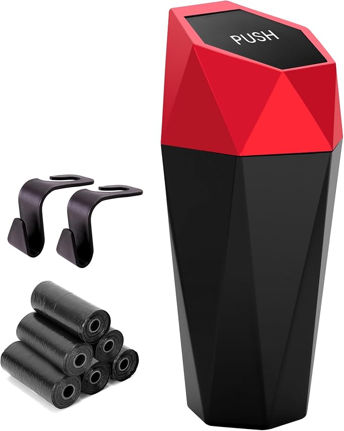 Ginsco Car Trash Can Cup Holder, Mini Car Trash Can with Lid, Car Accessories for Interior, Leakproof Small Trash Cup for Car, Home with Additional 2 ABS Hooks and 90pcs Trash Bags Red by Ginsco