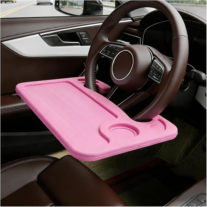 Car Steering Wheel Desk, 2 in 1 Multipurpose Auto Steering Wheel Tray with Drink Holder and Pen Slot, Portable Vehicle Computer Office Table Travel Accessories for Laptop, Food (Pink) by Unknown