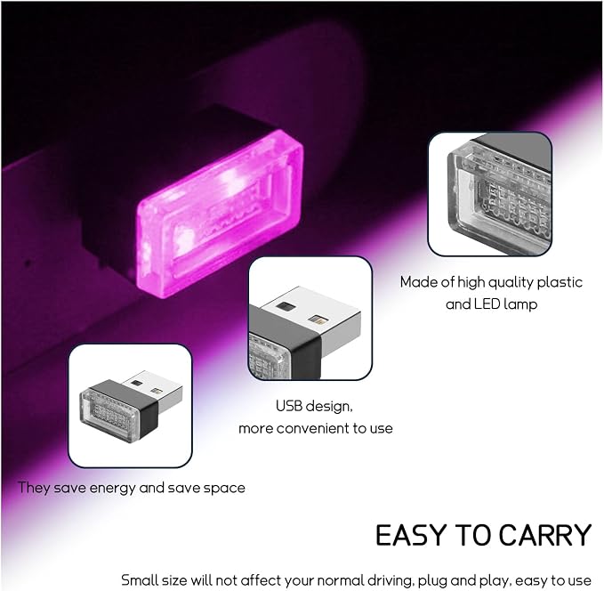Dickno 4 PCS USB LED Car Interior Atmosphere Lamp, Portable Mini LED Ambient Night Light, Plug-in USB Interface Decor Lighting Kit, Universal Vehicle Interior Accessories (Pink) - Image 3