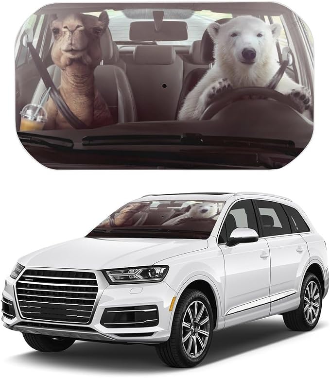 Funny Bear Driving Car Windshield Sun Shade Umbrella, Foldable Car Front Windshield Sunshade with Bendable Handle, Windshield Sun Visor for Most Vehicles by Unknown
