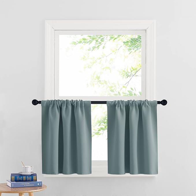 RYB HOME Cafe Blackout Curtains 24 inch Length, RV Camper Window Curtains | Short Small Half Window Tiers,Privacy,Thermal Insulated,Light UV Heat Blocking,Rod Pocket,W29 x L24,Dusty Blue,2 Panels by RYBHOME