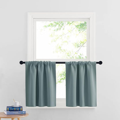 RYB HOME Cafe Blackout Curtains 24 inch Length, RV Camper Window Curtains | Short Small Half Window Tiers,Privacy,Thermal Insulated,Light UV Heat Blocking,Rod Pocket,W29 x L24,Dusty Blue,2 Panels by RYBHOME