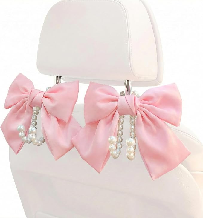 2PCS Satin Bow Pearl Car Seat Headrest Hooks – Car Bag Holder & Vehicle Hanger for Purses – Cute Coquette Aesthetic Interior Decoration – Cute Auto Organizer Accessories Universal (Pink) - Image 9