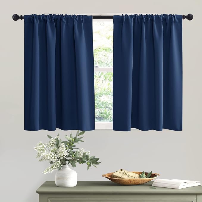 RYB HOME Short Navy Blue Blackout Curtains for Small Bedroom Kitchen Window | Thermal Insulating, UV Blocking, Privacy Protection, Drapes/Tiers for Basement Garage Bathroom, W42 x L36, 2 Panels by RYBHOME
