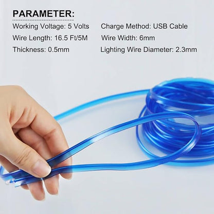EL Wire Interior Car LED Lights, 16.5FT USB Ambient Lighting Strip, Blue | Neon Glowing Strobing Electroluminescent Wire, 6mm Sewing Edge, Inside Car Lighting Accessories - Image 7