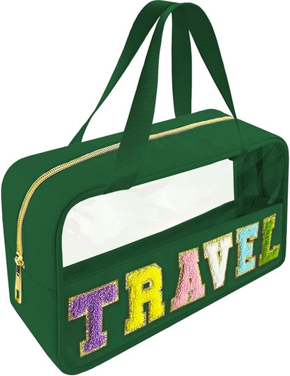 Bunliuys Chenille Letter Clear Makeup Bag Travel Patch, Travel Toiletry Makeup Bag with Handle, Nylon Waterproof Makeup Bags clear cosmetic bag, preppy patch makeup bag for Women (TRAVEL-Dark Green) by Bunliuys