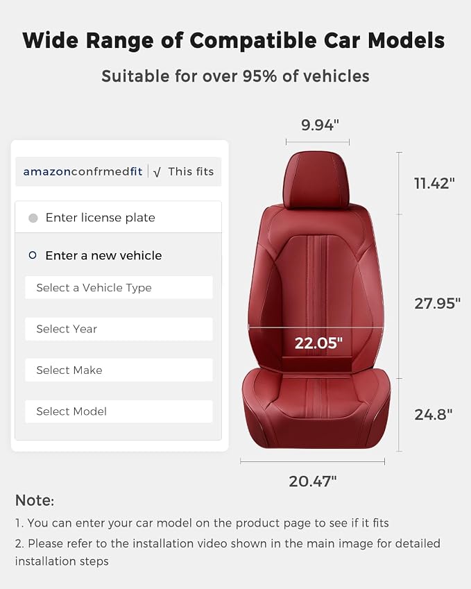 Huidasource Red Front Seat Cover, Luxury Faux Leather Front Car Seat Cover, Compatible with Airbags, Seatbelt Buckles, Perforation, Cooling＆Heating, Universal Fit for Most Cars, Vans Trucks, SUVs, Red - Image 2