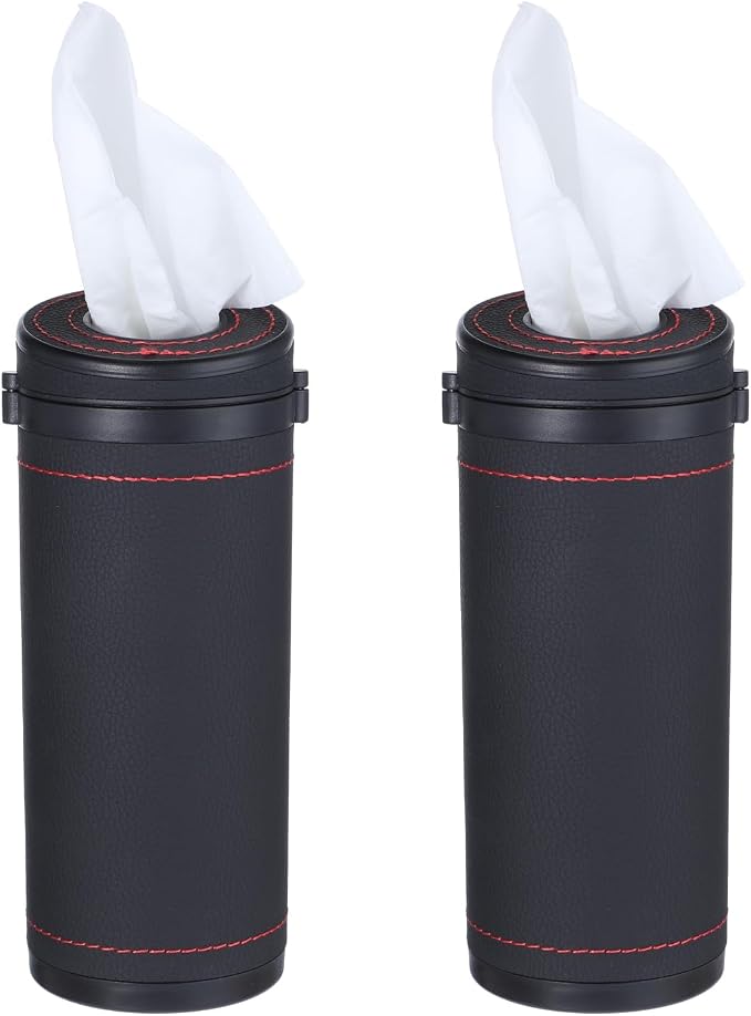 2 Pcs Leather Round Tissues Container with Tissues Cylinder Tissue Box with Window Breaker for Vehicle Bathroom Office (Black) - Image 8