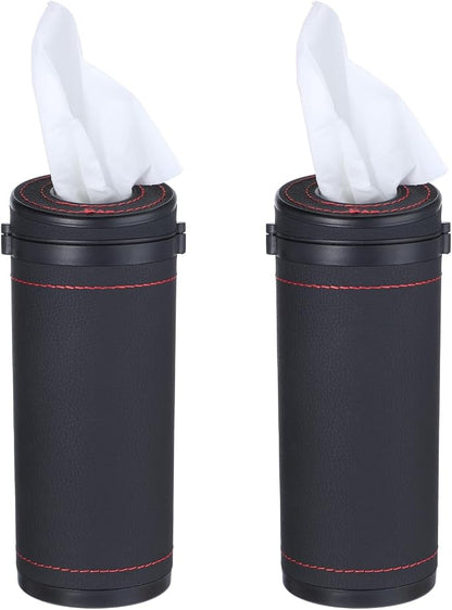 2 Pcs Leather Round Tissues Container with Tissues Cylinder Tissue Box with Window Breaker for Vehicle Bathroom Office (Black) - Image 8