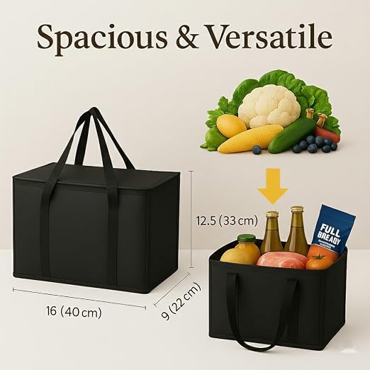 2-Pack, XL-Large Insulated Grocery Shopping Bags, Black, Reusable Bag | Thermal Zipper,Collapsible,Tote,Cooler Bag,Transport hot and Cold,Camping groceries Insulated Food Delivery Bag - Image 9