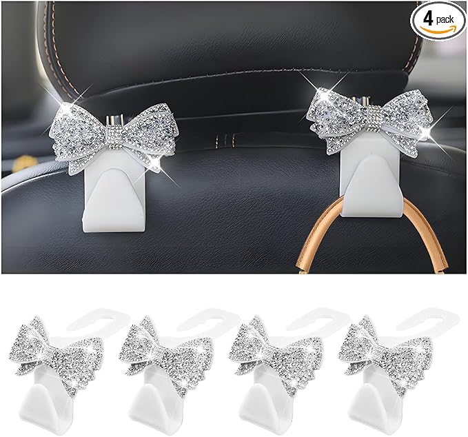 Zpana Bling Car Headreat Hook, 2PCS Crystal Rhinestone Cute Bow Vehicle Seat Back Hanger Storage for Purses Bags Grocery, Diamond Auto Rear Seat Organizer, Universal for SUV Truck Sedan (Pink) | PVC construction, rhinestone bow design, compact rear sea... by Zpana