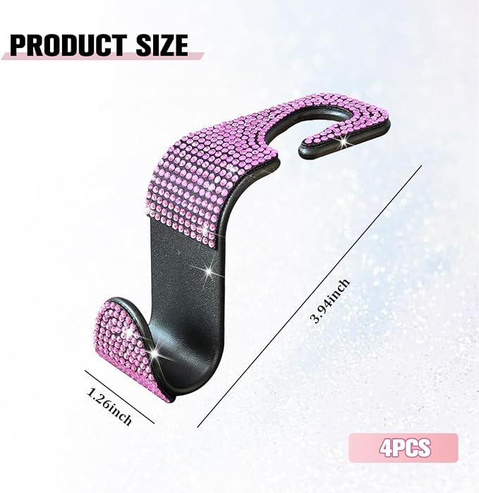4PCS Bling Car Seat Headrest Hook, Crystal Rhinestone Backseat Hanger Organizer for Purse Handbag Umbrella, Shiny Auto Interior Seat Back Storage Holder Hook, Universal Fit (Pink1) - Image 2