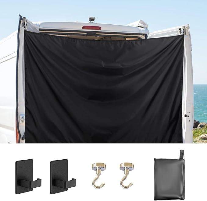 420D Oxford Rear Door Shower Curtain for RV Trunk Camper Vans, 90.5"x70.8" Double Layer Changing Curtain with Magnetic Hooks for Sprinter, Ram Promaster, Ford Transit, Privacy Protection & Storage Bag by Unknown