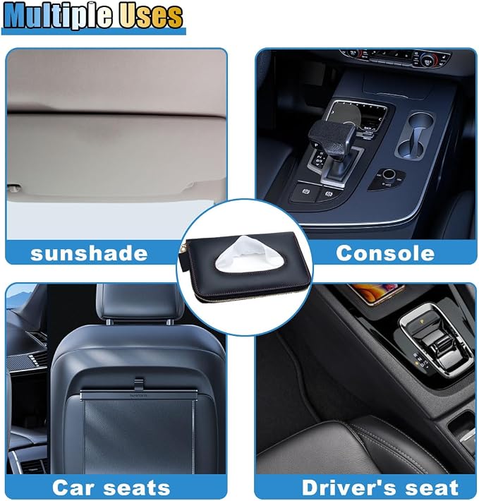 Car Tissue Holder, Sun Visor Box, Backseat Paper Carton, Leather Napkin Case, Universal Hanging Towel Clip for SUV, RV, Truck (Black) - Image 6