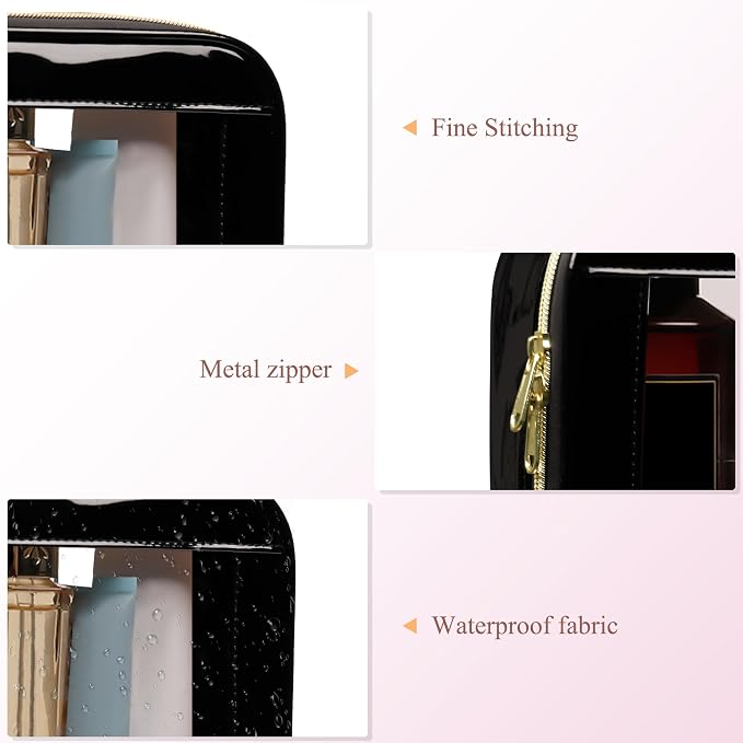 2-Piece Leather Clear Makeup Bag Set, Clear Cosmetic Bag with Zipper, Waterproof Makeup Brush Bag, TSA Approved Toiletry Bag for Travel, Car Organization for Women (Black-2, Slim+Medium) - Image 3
