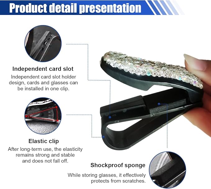 2PCS Bling Sunglasses Holder for Car, Fashion Crystal Rhinestone Sun Visor Glasses Holder with Ticket Card Clip, Eyeglasses Mount Car Sunglasses Clip, Auto Visor Glasses Clip for Women Girls (White) - Image 4