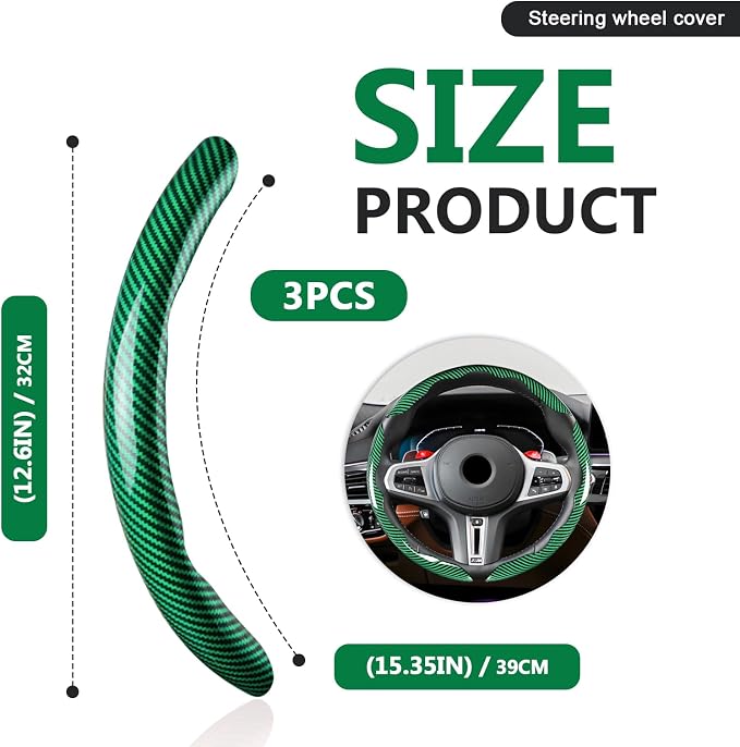 3pcs Universal Carbon Fiber Steering Wheel Cover - Anti-Slip & Segmented Design, Universal 99% Durable Steering Wheel Protector for Men and Women, Car Interior Accessory (Green) - Image 2