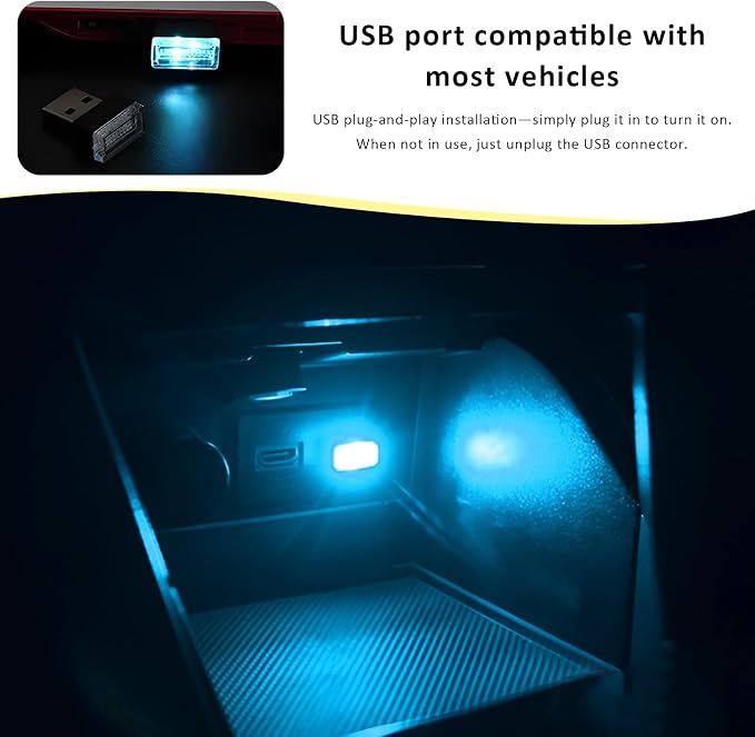 4PCS USB LED Car Interior Atmosphere Lamp, Plug-in USB Interface LED Night Lighting Decoration, Mini Portable Ambient Lights Kit Universal Interior Accessories for Most Cars (Blue+Ice Blue) - Image 6