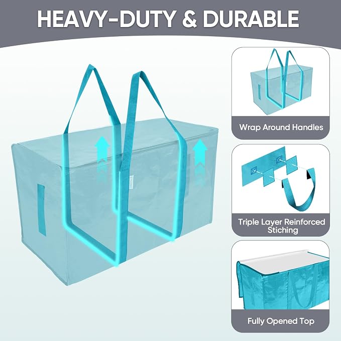 TICONN 8 Pack Extra Large Moving Bags Heavy Duty with Zippers & Carrying Handles, Durable Storage Bags Moving Boxes for Closet Organizers and Storage (8 Pack, Aqua) - Image 3