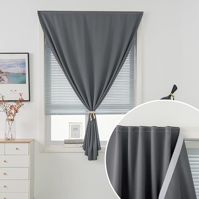 Magic Tape Stick On Curtains Window Shades Pull Down Blackout Window Cover Blackout Curtains for Bedroom No Drillng Self Adhesive Curtains No Rod Small Window, 59" W X 71" L, Grey, 2 Panels - Image 6