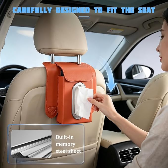 Car Tissue Holder, Multifunctional Vehicle Seat Back Hanging Tissue Box with Storage Hook, Automotive Interior Backseat Napkin Organizer, Universal for SUV Automobile Truck (Orange) - Image 5