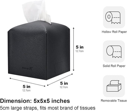 Tissue Box Cover 5X5X5'' PU Leather Tissue Holder Square Tissue Cube Box Organizer for Bathroom Vanity Countertop, Car, Night Stands, Office, Home, Kitchen (1Pack, Black) - Image 5