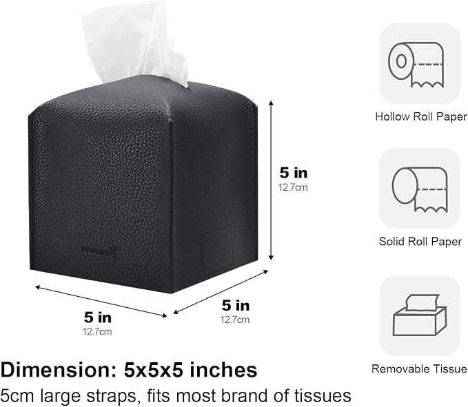 Tissue Box Cover 5X5X5'' PU Leather Tissue Holder Square Tissue Cube Box Organizer for Bathroom Vanity Countertop, Car, Night Stands, Office, Home, Kitchen (2Pack, Black) - Image 5