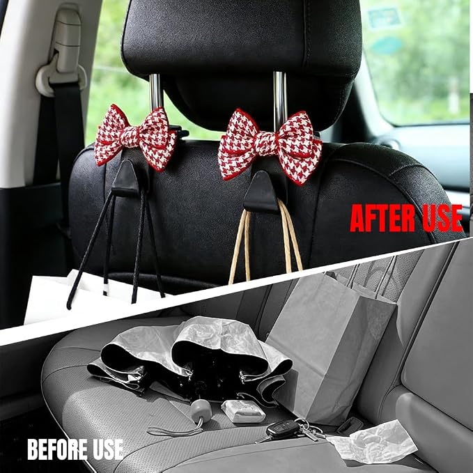 2PCS Car Seat Headrest Hooks, Car Purse Hook, Cute Bow Knot Vehicle Seatback Hanging Storage Organizer, Auto Seatback Decor Organizer Hanger for SUV Truck (Small Houndstooth/Red) - Image 4