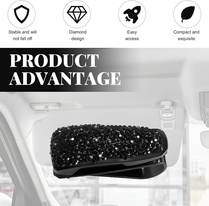 Wevdn 2 PCS Car Sun Visor Glasses Holder, Fashion Bling Car Eyeglasses Sunglasses Hanger for Women Girls, Glasses Holder Clip Hanger Mount with Ticket Card Clip, Car Accessories (Black) - Image 4
