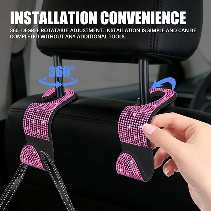 4PCS Bling Car Seat Headrest Hooks, Purse Holder for Car, Vehicle Back Seat Purse Handbag Hanging Holder with Crystal Rhinestone, Diamond Car Rear Seat Organizer for Vehicles (Pink/Black) - Image 4