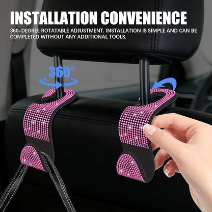 4PCS Bling Car Seat Headrest Hooks, Purse Holder for Car, Vehicle Back Seat Purse Handbag Hanging Holder with Crystal Rhinestone, Diamond Car Rear Seat Organizer for Vehicles (Pink/Black) - Image 4