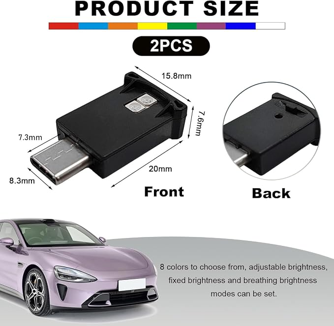 2 PCS USB Type C LED Ambient Light, 8 Color Car RGB USB LED Decoration Night Lamp, Interior Mini Adjustable Brightness Atmosphere Light, Universal Vehicle Interior Accessories - Image 2