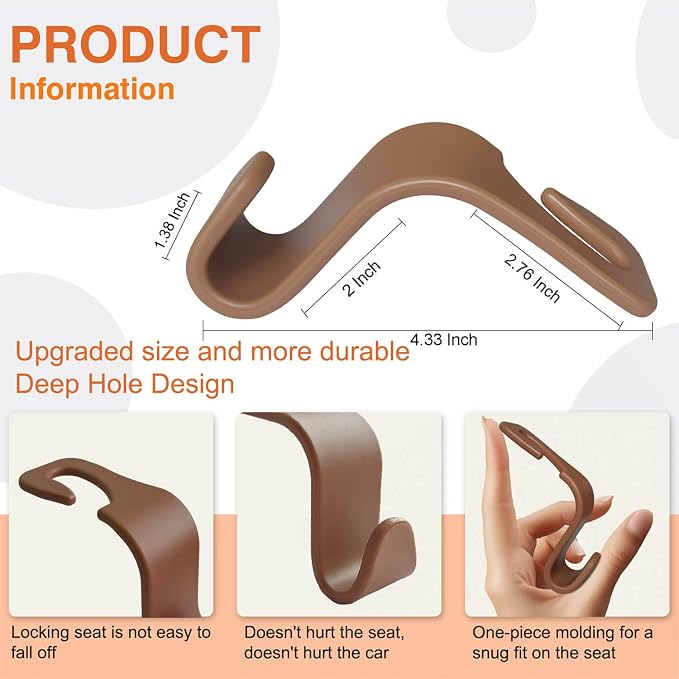 4-Pack Car Seat Hooks - 55 lb Each, Fits 0.32-0.55 in Headrest Rods | Purse holders; PP construction; tool-free setup; 360° swivel; brown; for groceries, backpacks, gym bags, and baby gear - Image 2