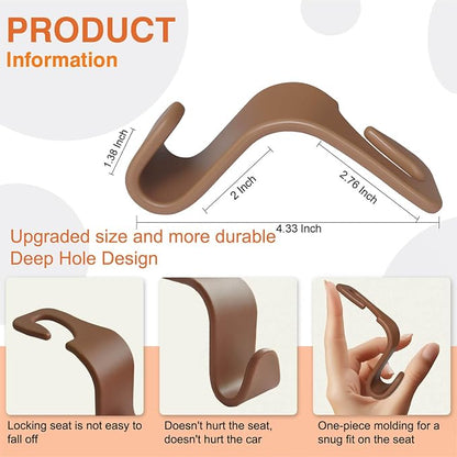 4-Pack Car Seat Hooks - 55 lb Each, Fits 0.32-0.55 in Headrest Rods | Purse holders; PP construction; tool-free setup; 360° swivel; brown; for groceries, backpacks, gym bags, and baby gear - Image 2