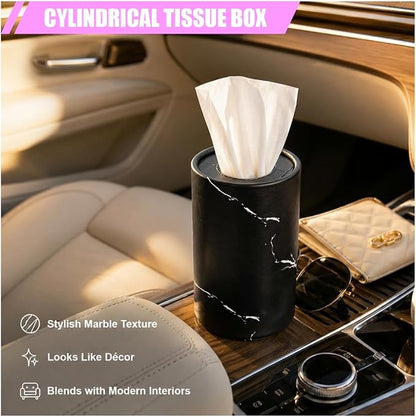 2PCS Car Tissue Holder, Round Car Cup Holder Tissue Cylinder, Black | Portable Travel Tubes Box Container for Facial Tissues, Marble Texture Auto Storage Organizer Accessories for Car Home Office - Image 3