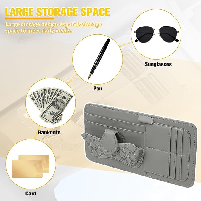 Car Sun Visor Organizer, Multifunctional Visor Storage Pouch with Sunglasses Holder & Card Sleeve Pocket, Auto Interior Organizer Pocket Bag for Pens Cards Documents, Universal Fit (Gray) - Image 3