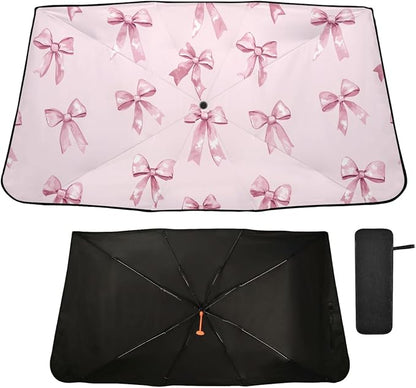 Windshield Sun Shade Umbrella Pink Bows Printed Foldable Car Front Window Sunshade Blocks UV Rays Heat Keep Vehicle Cool 55"x27.5" by Oarencol