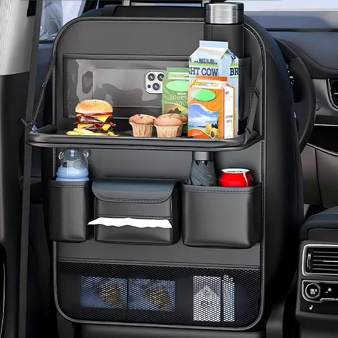 Car Backseat Organizer with Tray, Back of Car Seat Storage Caddy for Kids | Waterproof, Universal Fit | Sturdy Back Seat Organizer with Touch Screen for Tablet, Snacks, Drinks, Tissues... | 1 Black by Unknown