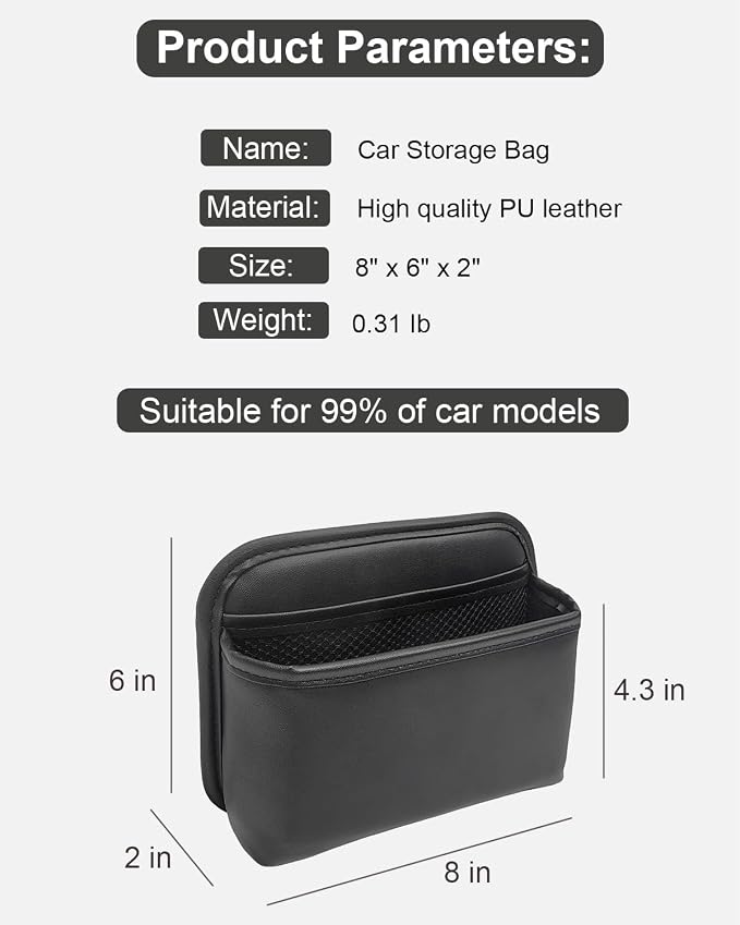Car Seat Side Pocket Organizer for Car Doors and Consoles, Black | Reusable Adhesive Car Storage Bag, Holds phones keys wallet sunglass etc, Suitable for all vehicles, PU Leather - Image 2