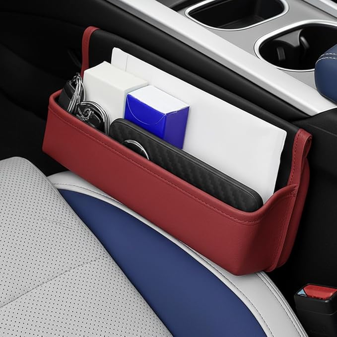 Car Seat Gap Filler Organizer with Lid, Universal Leather Auto Front Seat Storage Box, Adjustable Car Center Console Side Pocket for Phones, Keys, Glasses, Cards, No Seat Belt Block(Burgundy) by Unknown