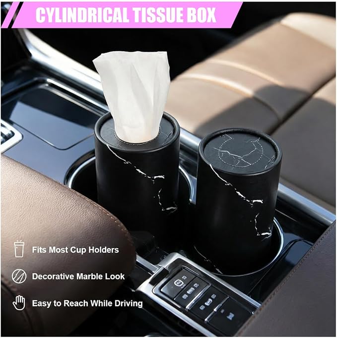 2PCS Car Tissue Holder, Round Car Cup Holder Tissue Cylinder, Black | Portable Travel Tubes Box Container for Facial Tissues, Marble Texture Auto Storage Organizer Accessories for Car Home Office - Image 5