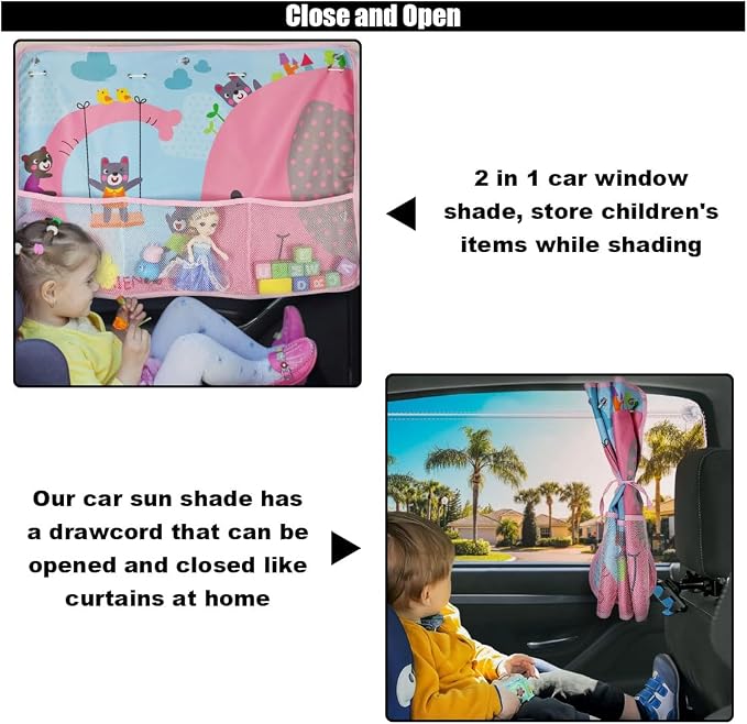 GLSOWEE Car Window Shade for Baby, Blackout Car Window Curtain, Elephant | Storage Pockets & 7 Suction Cups, Cartoon Pattern Car Side Window Sun Shade Cover for Sun/Heat/UV Rays Protection, Pink - Image 5