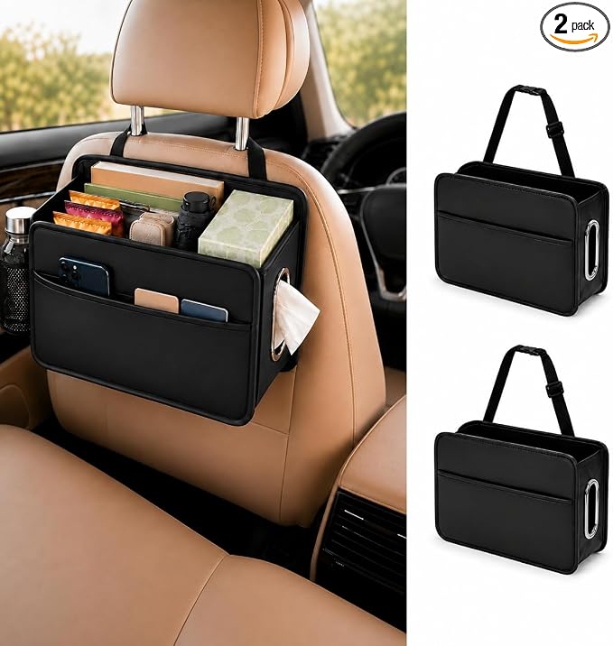 Noaman Car Seat Organizer Backseat Hanging Trash Can or Car Tissue Holder | 2.77 Gallon Large Capacity PU Leather Car Storage organizer with Side Metal Tissue Dispenser for Easy Access 2 Pack Black by Noaman