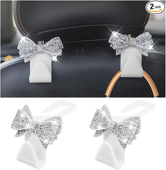 Zpana Bling Car Headreat Hook, 2PCS Crystal Rhinestone Cute Bow Vehicle Seat Back Hanger Storage for Purses Bags Grocery, Diamond Auto Rear Seat Organizer, Universal for SUV Truck Sedan (White) | PVC construction, rhinestone bow design, compact rear se... by Zpana