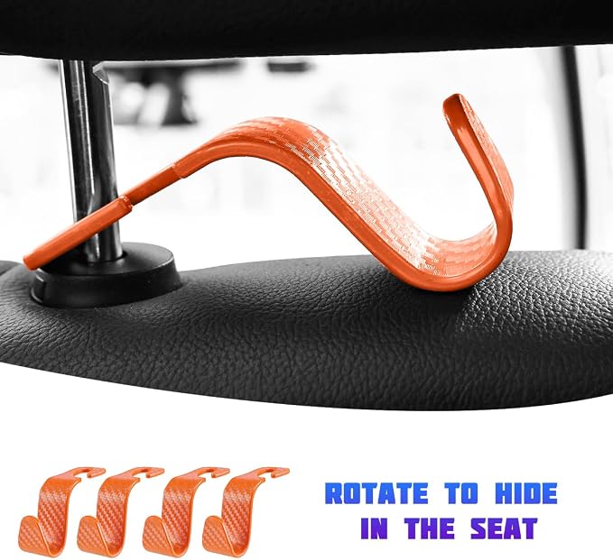 4 Pack 4.13 Inch Carbon Fiber Car Seat Headrest Hooks, Orange | plastic body, supports up to 55 lb, tool-free post fit, rotates beneath headrest when idle, interior storage accessory - Image 5